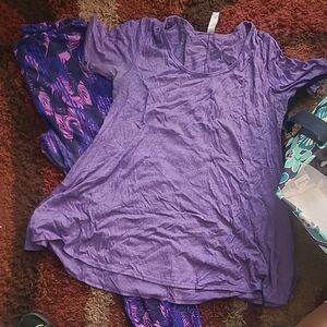 LuLaRoe Purple Top with Blue and Pink Patterned Leggings